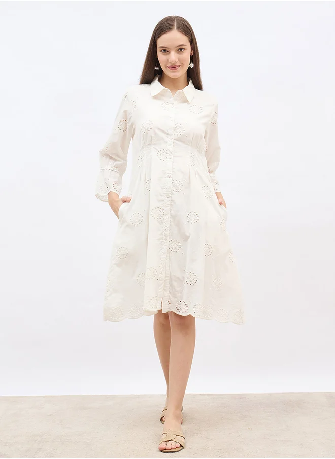 ستايلي Styli Women White Schiffli Bell Sleeves Shirt Knee-Length Dress