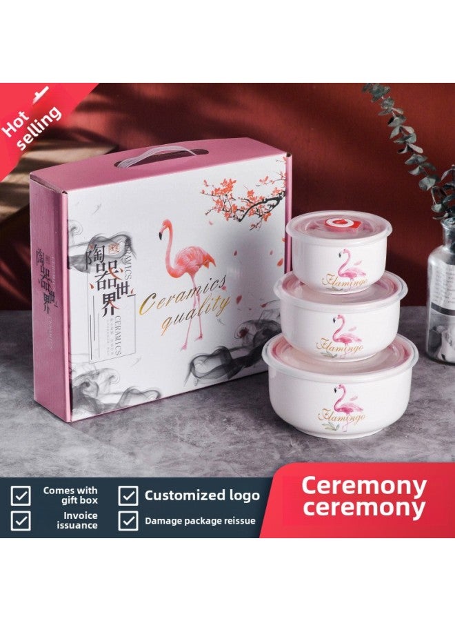 Ceramic Fresh-keeping Bowl Three-piece Gift Bowl Set Sealed Bowl Printed Logo Opening Activity Promotion Sales Gift-Specifications:Flamingo-Color:2-piece Fresh Bowl Set (36 Sets Per Box) - Image 1