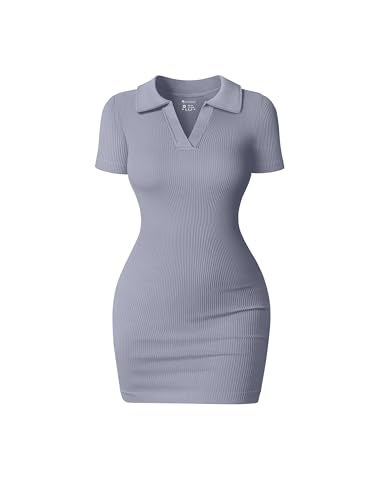 OQQ Women's Mini Dresses Sexy Ribbed Short Sleeve Tummy Control Bodycon Mini Dress Blues - Image 1