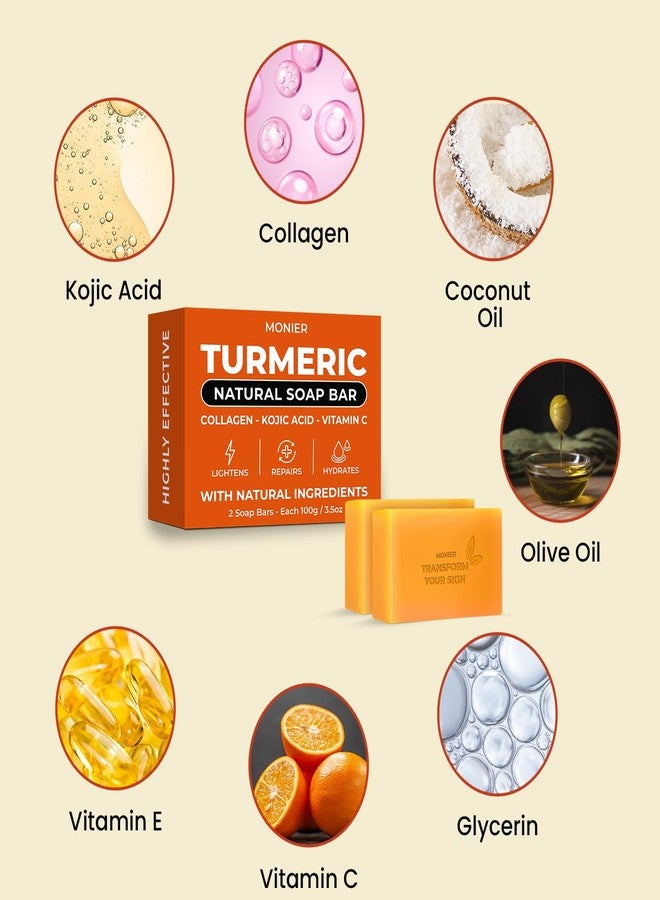 MONIER Turmeric Soap Bar for Dark Spots - With Kojic Acid, Collagen, Coconut Oil, Vitamin C, Vitamin E - Moisturizing & Nourishing - Vegan & Natural (2 Soap Bars + Storage Net) - Image 5