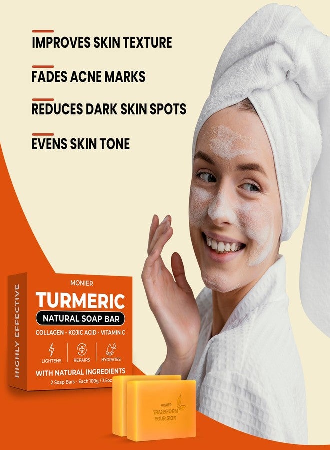 MONIER Turmeric Soap Bar for Dark Spots - With Kojic Acid, Collagen, Coconut Oil, Vitamin C, Vitamin E - Moisturizing & Nourishing - Vegan & Natural (2 Soap Bars + Storage Net) - Image 4