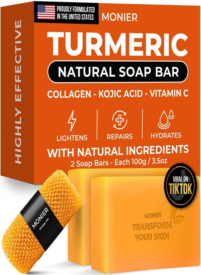 MONIER Turmeric Soap Bar for Dark Spots - With Kojic Acid, Collagen, Coconut Oil, Vitamin C, Vitamin E - Moisturizing & Nourishing - Vegan & Natural (2 Soap Bars + Storage Net) - Image 1