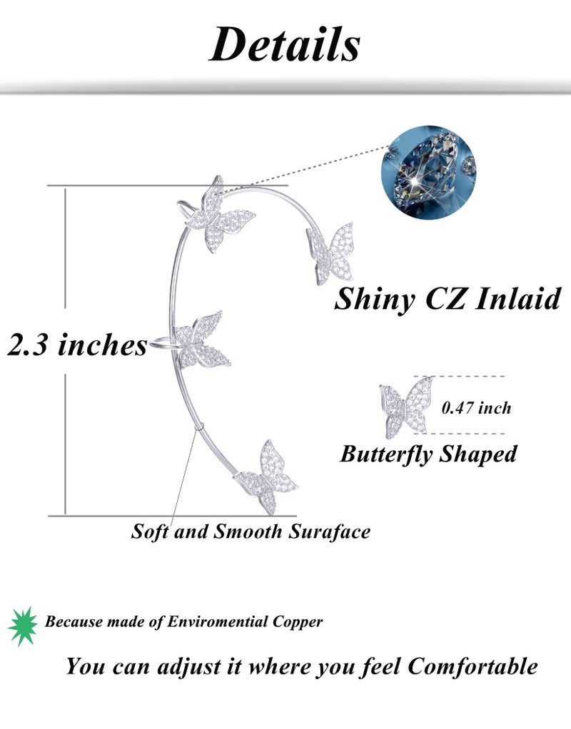 Tornito تورنيدو 4 قطع أقراط دائرية بتصميم فراشة مع خيوط طويلة وسلاسل متدلية، أقراط بدون ثقب للأذن، أقراط مزيفة للنساء بلون فضي، للأذن اليمنى - Image 2