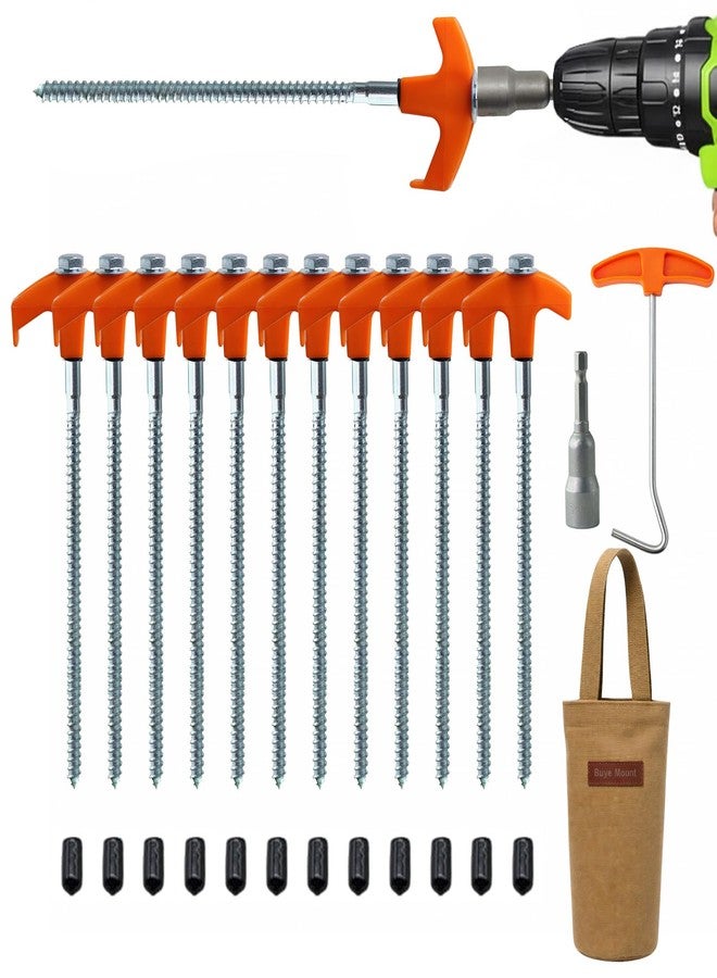ROIKETU 12-Pack Heavy Duty Screw-in Tent Stakes with Drill Adapter & Storage Bag, 8” Galvanized Ground Anchors for Camping, Canopy, Gazebo, Tents, Awnings, Trampolines & Outdoor Securing - Image 1