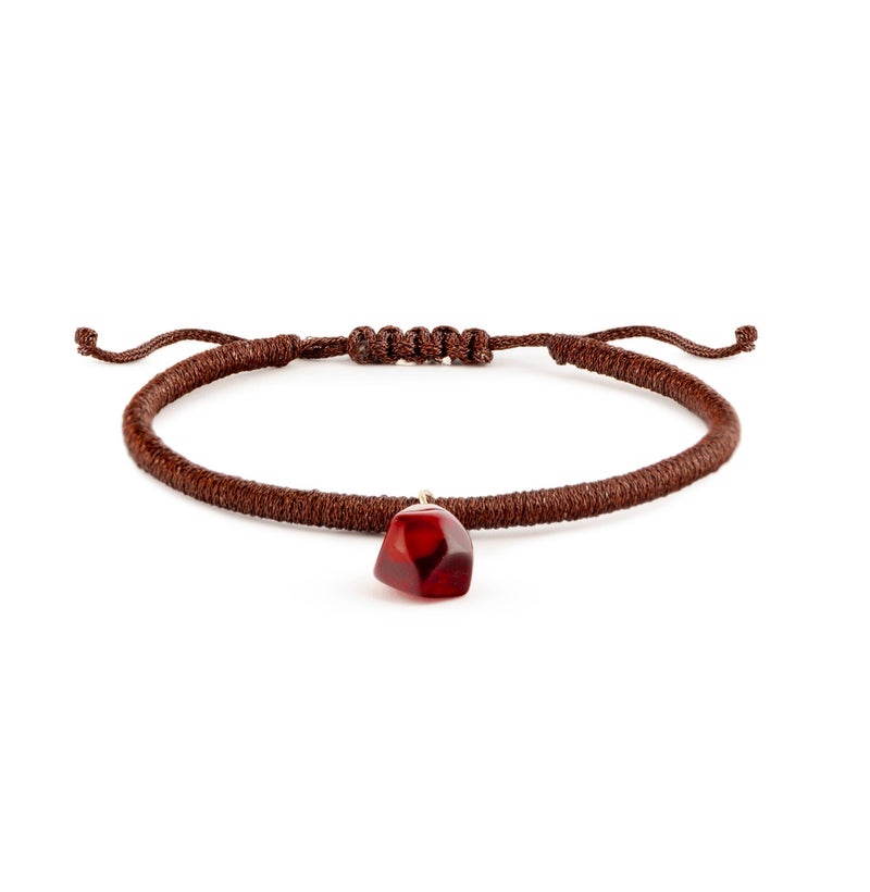 Minza “Red Mocha” Women’s Gold Bracelet, Pure 18K Gold Charm & Pomegranate Resin Plaque, Handmade Hemp Cord Bracelet, Adjustable Sliding Knot, Jewelry for Casual & Special Occasion. - Image 1