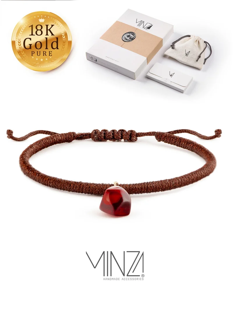 Minza “Red Mocha” Women’s Gold Bracelet, Pure 18K Gold Charm & Pomegranate Resin Plaque, Handmade Hemp Cord Bracelet, Adjustable Sliding Knot, Jewelry for Casual & Special Occasion.