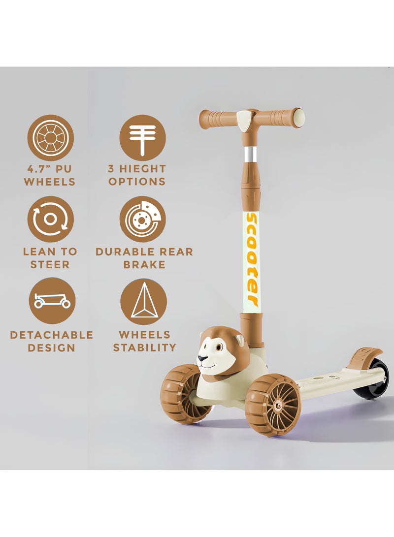 NextWave Kids Toys 3-Wheeled Kick Scooter for Boys & Girls 2-12 Years Old, Adjustable Height, Anti-Slip Deck, Wide Stand, LED Light Flashing Wheels, Toddlers Child Ride-On Scooter Brown - Image 2