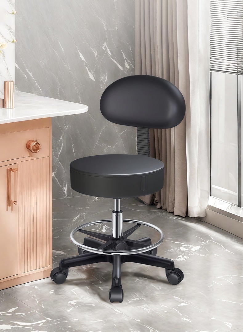 Rolling Stool, PU Leather Rolling stools, Ultra Soft Padded Seat, Rolling Stools with Wheels and Footrest, 360° Swivel, Work Office Tattoo Stool (black) - Image 1