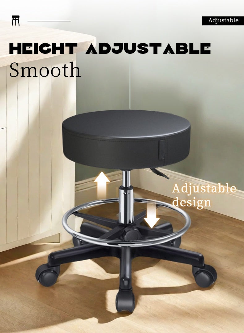 Rolling Stool, PU Leather Rolling stools, Ultra Soft Padded Seat, Rolling Stools with Wheels and Footrest, 360° Swivel, Work Office Tattoo Stool (black) - Image 2