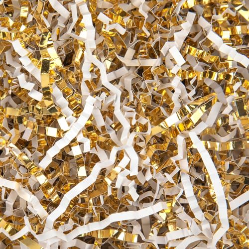 Caleihd 1/2 LB Crinkle Cut Paper Shredded Filler Paper for Gift Baskets Gift Box Confetti Paper Shreds Decoration Stuffing for Birthday, Weddings, Anniversaries, Christmas Wrapping White&Gold - Image 1