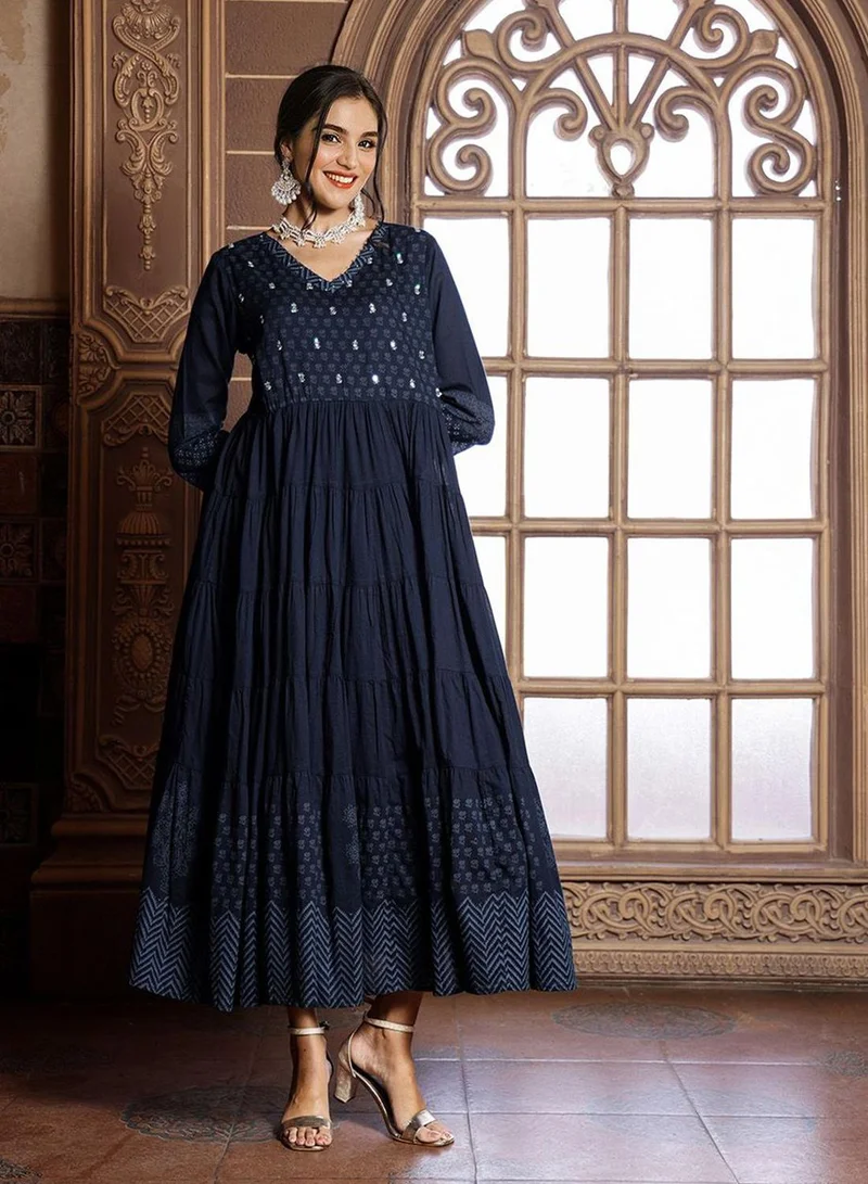 ISHIN Regular Fit Three-Quarter Sleeve Printed Black Cotton Woven Dresses For Women Flat Collar Perfect For Wedding And Engagement Pull On Closure