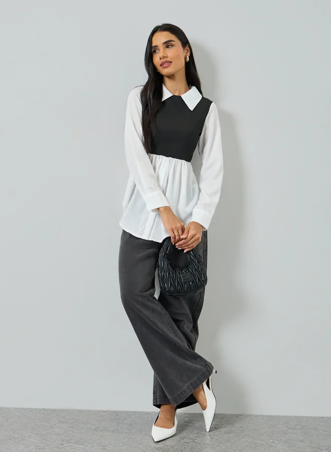 Take Two White Color Block Long Sleeve Top