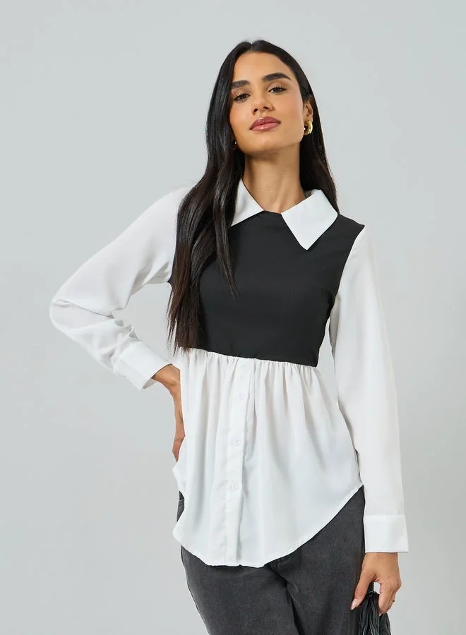 Take Two White Color Block Long Sleeve Top