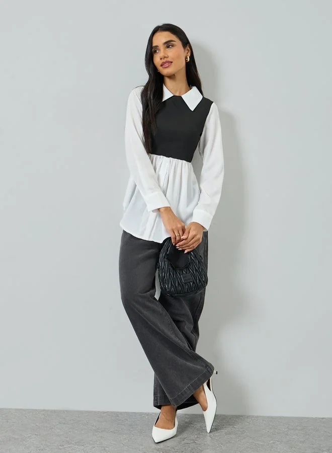 Take Two White Color Block Long Sleeve Top