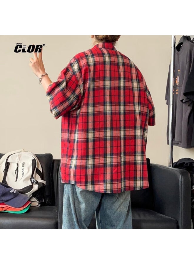 Clor American Retro Lapel Plaid Shirt Summer Men Loose Casual Trend Thin Short Sleeve Clcx05 Red L - Image 2