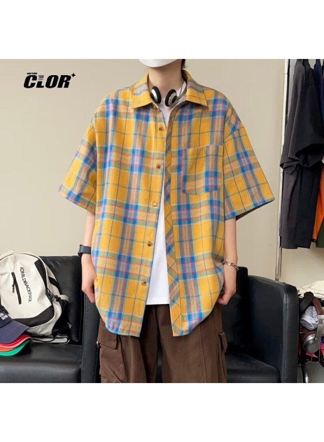 Clor American Retro Lapel Plaid Shirt Summer Men Loose Casual Trend Thin Short Sleeve Clcx05 Red L - Image 3