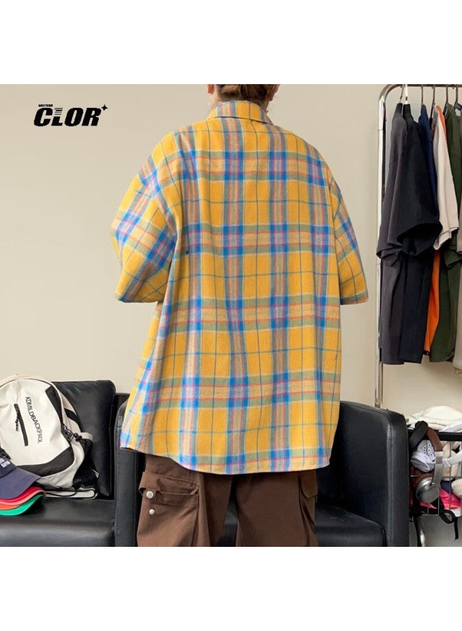Clor American Retro Lapel Plaid Shirt Summer Men Loose Casual Trend Thin Short Sleeve Clcx05 Red L - Image 4