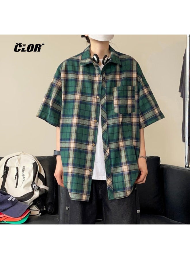 Clor American Retro Lapel Plaid Shirt Summer Men Loose Casual Trend Thin Short Sleeve Clcx05 Red L - Image 5