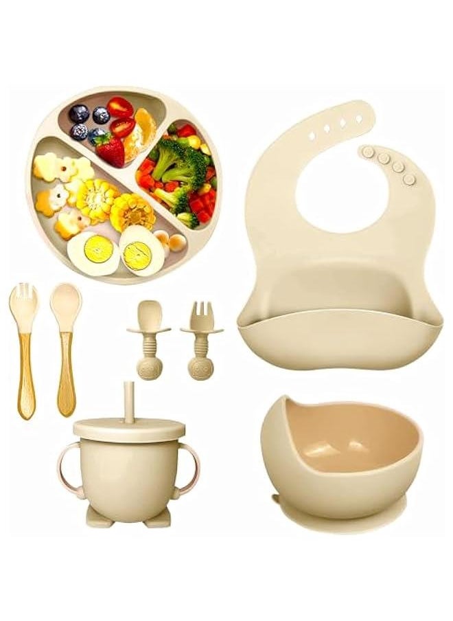 HOOKOR Baby Feeding Set, 8 Pcs Silicone Baby Led Weaning Supplies Includes Cup Baby Plate, Bowl, Adjustable Bib, Cup, Spoon and Fork,BPA Free Baby Weaning Utensils Set for 6+ Months (Beige)  - Image 1