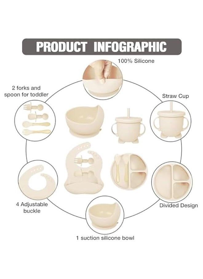 HOOKOR Baby Feeding Set, 8 Pcs Silicone Baby Led Weaning Supplies Includes Cup Baby Plate, Bowl, Adjustable Bib, Cup, Spoon and Fork,BPA Free Baby Weaning Utensils Set for 6+ Months (Beige)  - Image 2