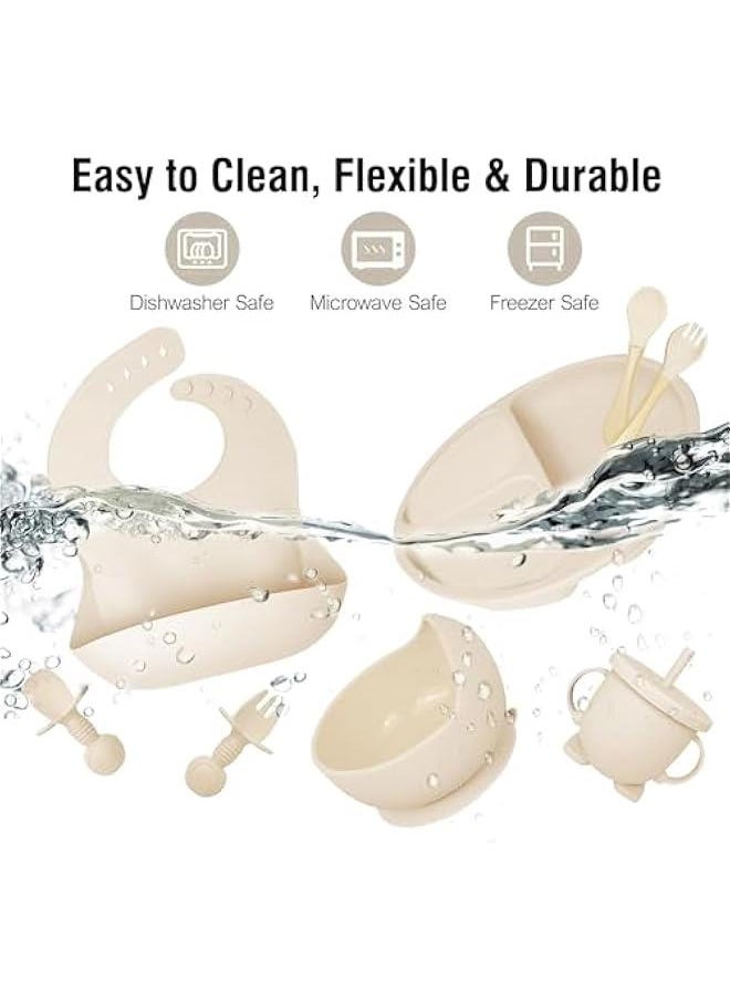 HOOKOR Baby Feeding Set, 8 Pcs Silicone Baby Led Weaning Supplies Includes Cup Baby Plate, Bowl, Adjustable Bib, Cup, Spoon and Fork,BPA Free Baby Weaning Utensils Set for 6+ Months (Beige)  - Image 3