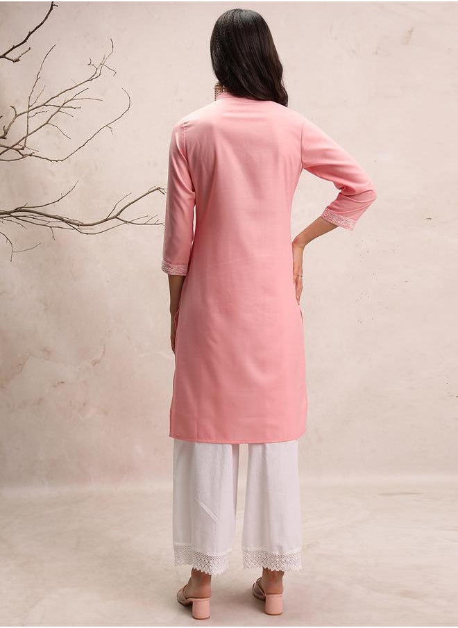 Vishudh Ethnic Motifs Yoke Design Thread Work Mandarin Collar Straight Kurta by Styli  - Image 3