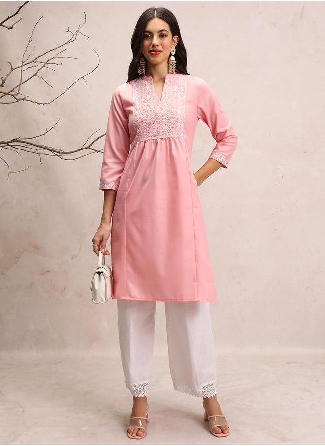 Vishudh Ethnic Motifs Yoke Design Thread Work Mandarin Collar Straight Kurta by Styli  - Image 1