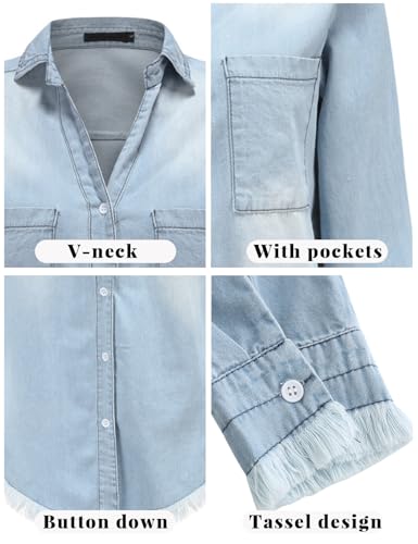 Zilcremo Women Denim Shirt Dresses Long Sleeve Distressed Jean Dress Button Down Casual Tunic Top Lightblue XL - Image 4