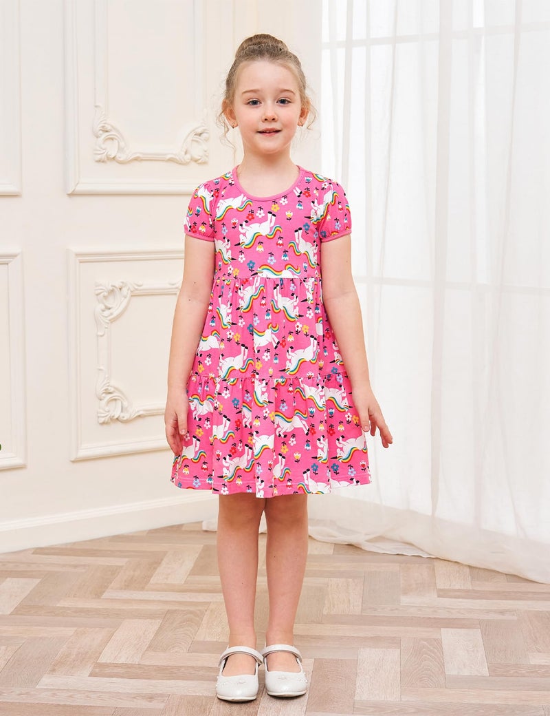 Bumeex Little Girl Summer Dress Clothes Unicorn Easter Rainbow Short Sleeve Casual Twirly Tiered Swing Smocking Dresses Playwear Sundress Clothing Outfits Pink Horses 6-7 Years - Image 2