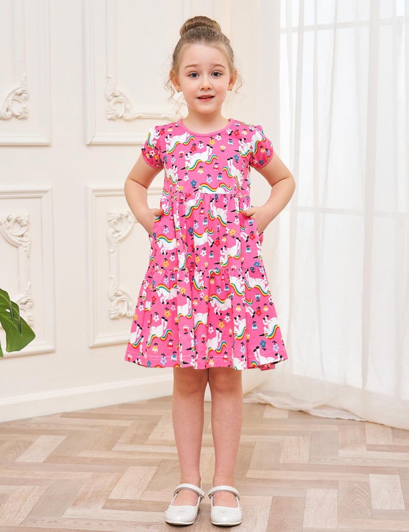 Bumeex Little Girl Summer Dress Clothes Unicorn Easter Rainbow Short Sleeve Casual Twirly Tiered Swing Smocking Dresses Playwear Sundress Clothing Outfits Pink Horses 6-7 Years - Image 3
