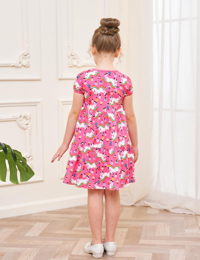 Bumeex Little Girl Summer Dress Clothes Unicorn Easter Rainbow Short Sleeve Casual Twirly Tiered Swing Smocking Dresses Playwear Sundress Clothing Outfits Pink Horses 6-7 Years - Image 5