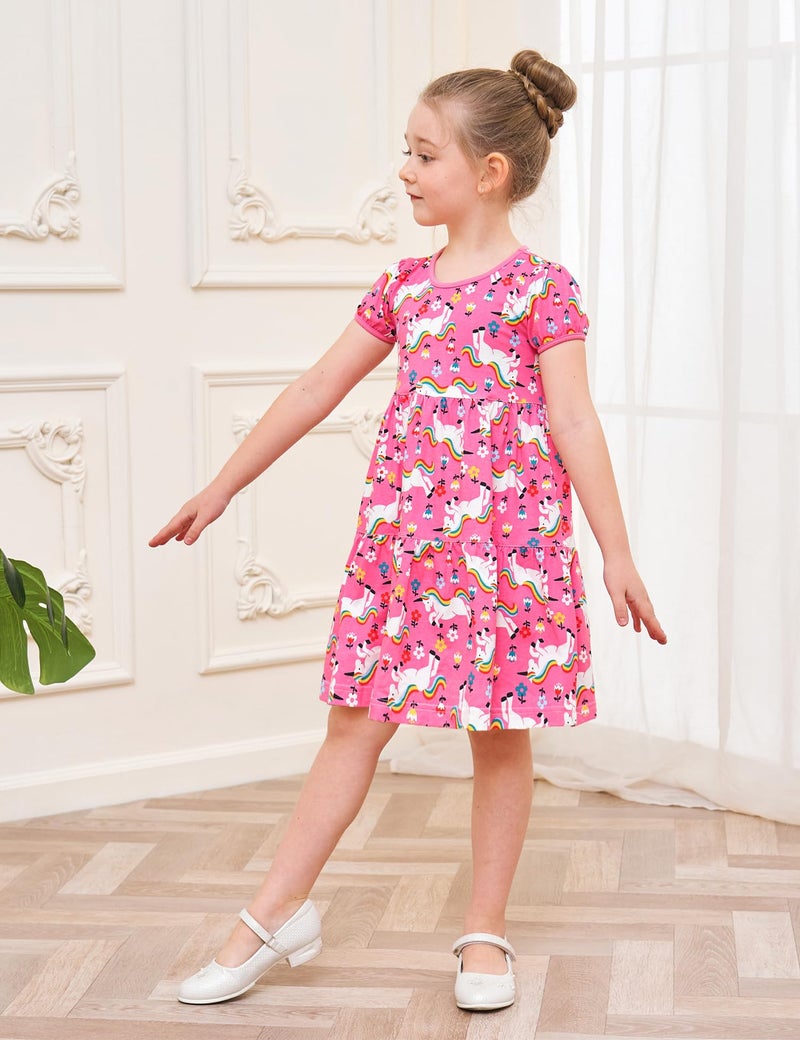 Bumeex Little Girl Summer Dress Clothes Unicorn Easter Rainbow Short Sleeve Casual Twirly Tiered Swing Smocking Dresses Playwear Sundress Clothing Outfits Pink Horses 6-7 Years - Image 4