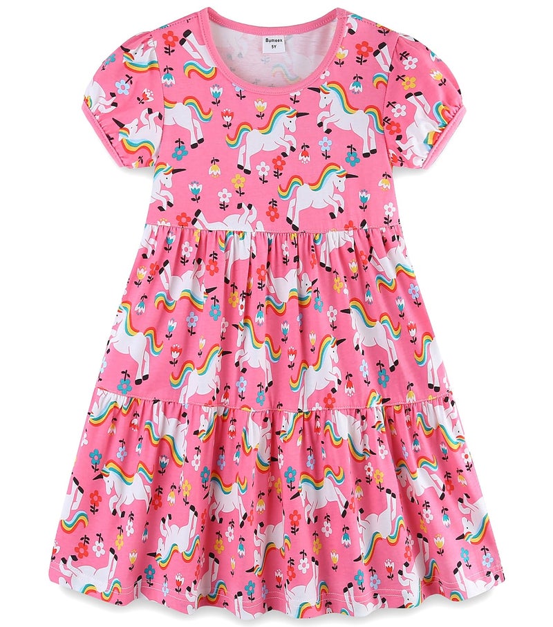 Bumeex Little Girl Summer Dress Clothes Unicorn Easter Rainbow Short Sleeve Casual Twirly Tiered Swing Smocking Dresses Playwear Sundress Clothing Outfits Pink Horses 6-7 Years - Image 1