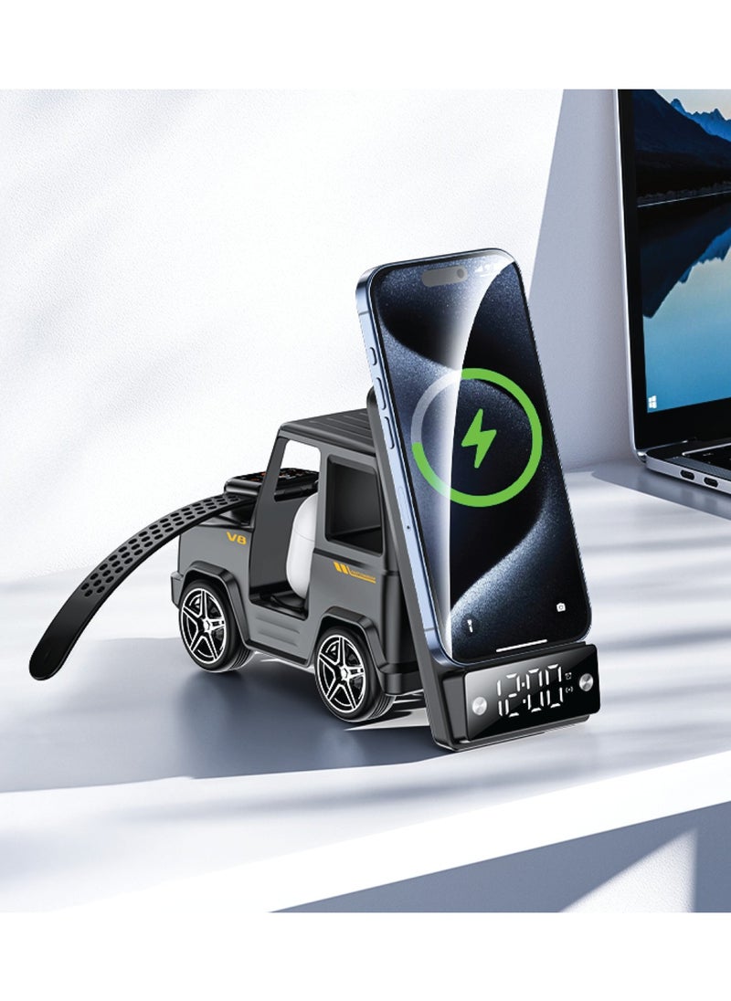 GREEN LION - G-WAG 6 in 1 Wireless Charger with Digital Clock Display and Alarm Function Smart Watch / Bluetooth Speaker/ AirPods / Smartwatches/ iWatch / Atmosphere Light / 15W Fast Charging - Grey - Image 1