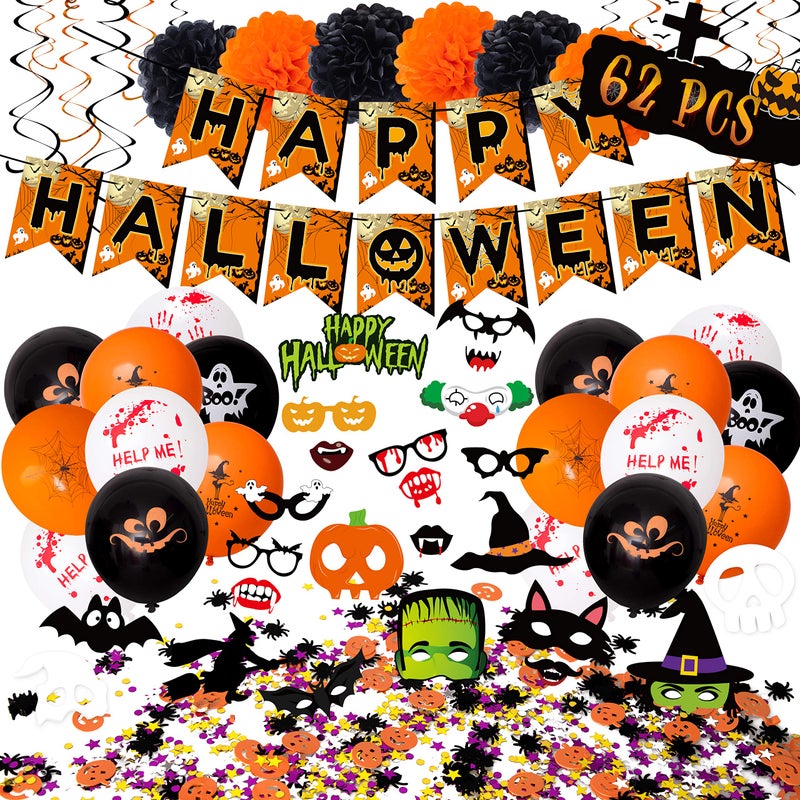Moon Boat 62PCS Halloween Party Decorations Set - Hallowmas Photo Booth Props Banner Balloons Pom Poms Hanging Swirls Spider Pumpkin Ornaments Supplies - Image 1