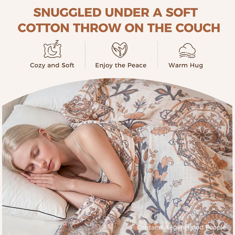 LUTBM Boho Throw Blanket for Bed - 100% Cotton Ultra Soft Rustic Quilt Fall Blanket - Floral Printed Farmhouse Decor Bed Blankets,60"×80" All Season Rustic Throw for Sofa Couch Chair - Image 5