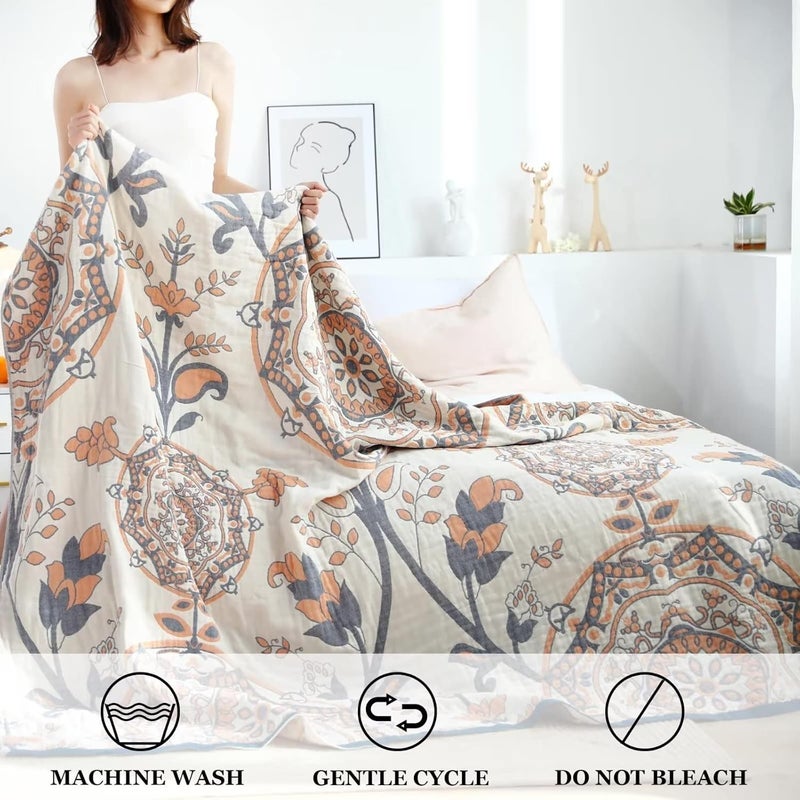 LUTBM Boho Throw Blanket for Bed - 100% Cotton Ultra Soft Rustic Quilt Fall Blanket - Floral Printed Farmhouse Decor Bed Blankets,60"×80" All Season Rustic Throw for Sofa Couch Chair - Image 4