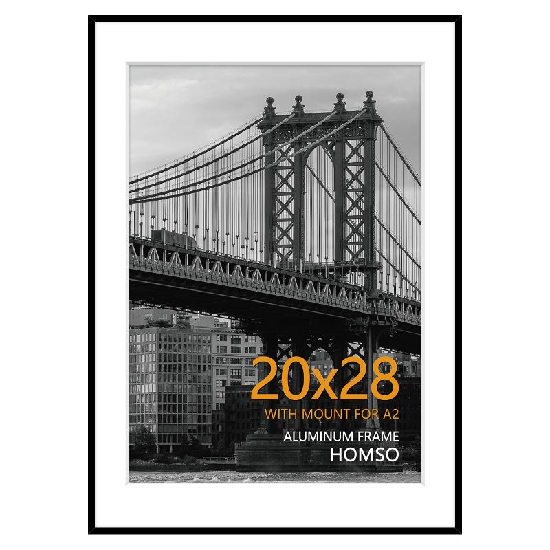 Homso 20x28 Picture Frame in Black Metal Thin Board 20 x 28 Frame with Acrylic Plexiglass for Poster Pictures A2 with Mat or 20x28 without Mat for Horizontal and Vertical