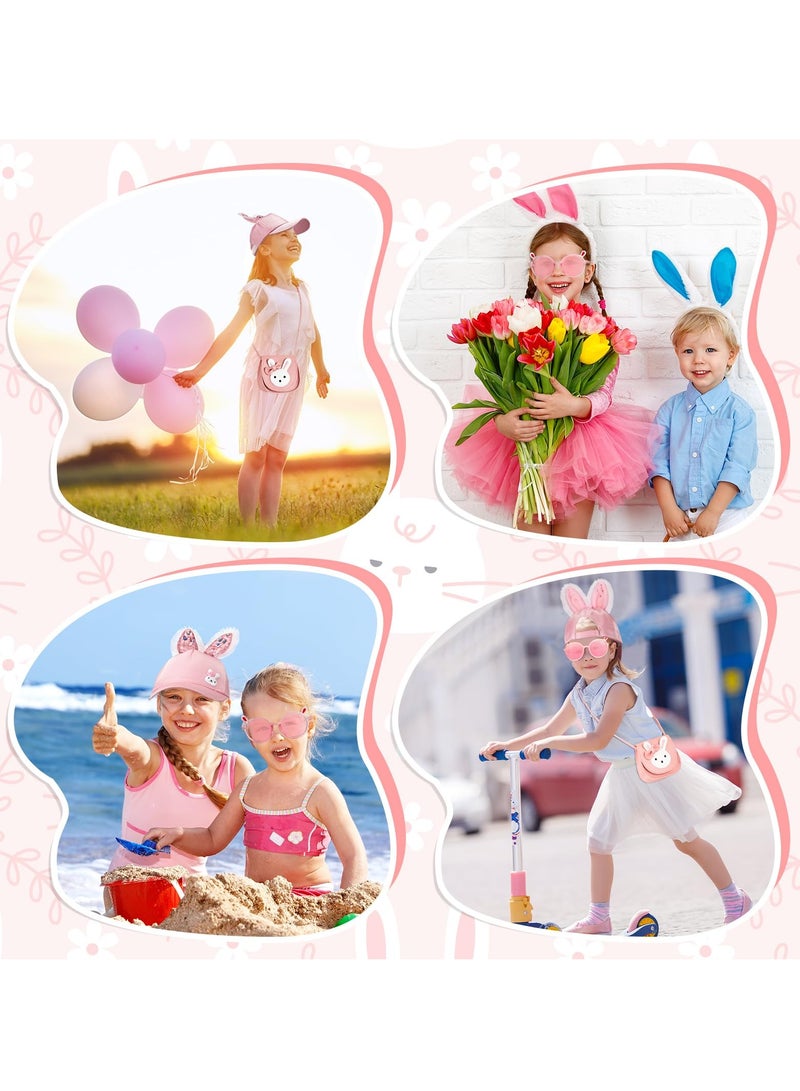 كاست ويف مجموعة حقائب يد للبنات، 3 قطع من حقائب الكتف اللطيفة للفتيات على شكل أرنب مع حزام قابل للتعديل، حقيبة جلدية متقاطعة وقبعات أرنب للأطفال ونظارات شمسية كرتونية مع آذان أرنب، هدية للأطفال الصغار باللون الوردي - Image 4