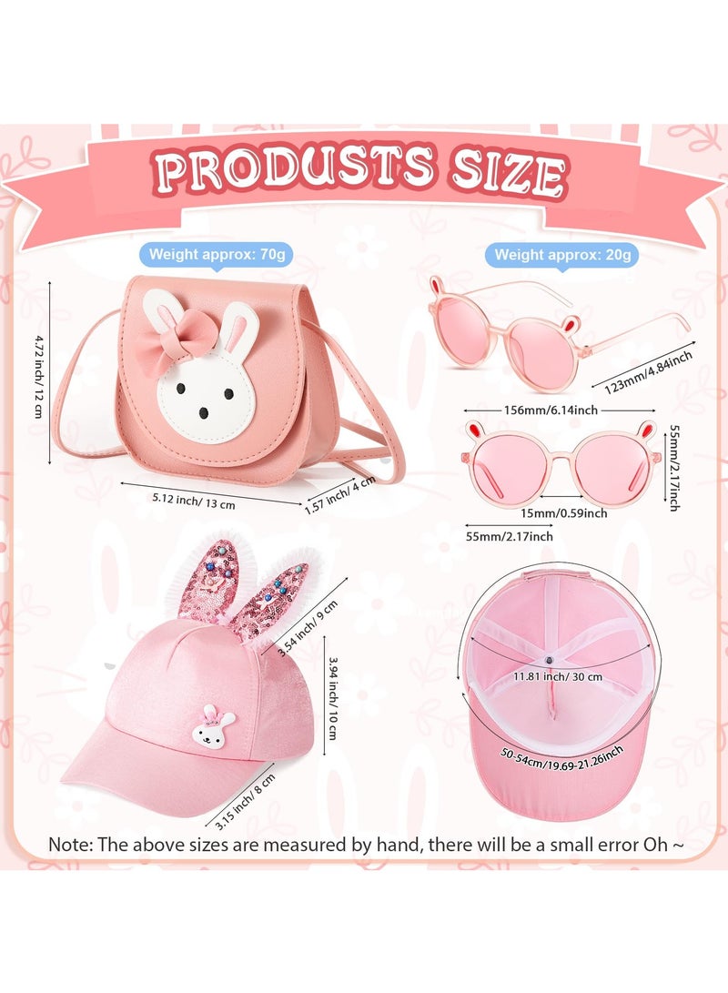 كاست ويف مجموعة حقائب يد للبنات، 3 قطع من حقائب الكتف اللطيفة للفتيات على شكل أرنب مع حزام قابل للتعديل، حقيبة جلدية متقاطعة وقبعات أرنب للأطفال ونظارات شمسية كرتونية مع آذان أرنب، هدية للأطفال الصغار باللون الوردي - Image 2