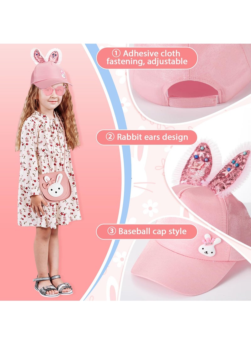 كاست ويف مجموعة حقائب يد للبنات، 3 قطع من حقائب الكتف اللطيفة للفتيات على شكل أرنب مع حزام قابل للتعديل، حقيبة جلدية متقاطعة وقبعات أرنب للأطفال ونظارات شمسية كرتونية مع آذان أرنب، هدية للأطفال الصغار باللون الوردي - Image 3