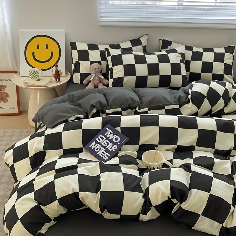 4pcs quilt set (1*quilt cover + 1*bed sheet + 2*pillowcases, excluding quilt core), black and white plaid printed bedding set, soft and comfortable four-season quilt cover, suitable for bedroom and guest room - Image 3