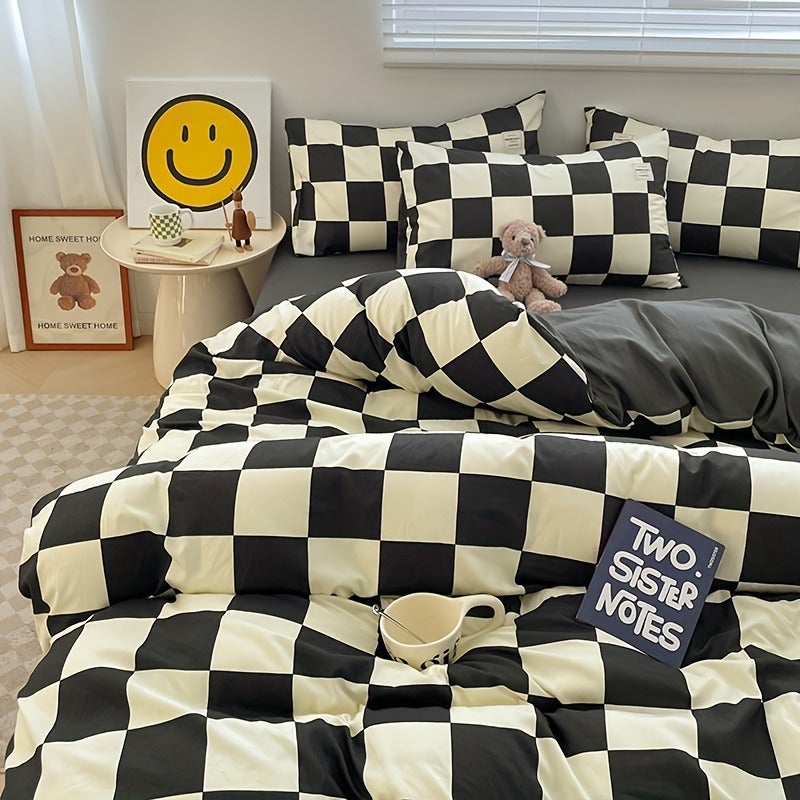 4pcs quilt set (1*quilt cover + 1*bed sheet + 2*pillowcases, excluding quilt core), black and white plaid printed bedding set, soft and comfortable four-season quilt cover, suitable for bedroom and guest room - Image 4