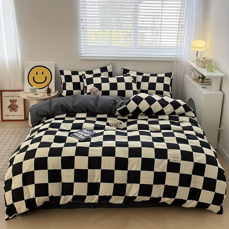 4pcs quilt set (1*quilt cover + 1*bed sheet + 2*pillowcases, excluding quilt core), black and white plaid printed bedding set, soft and comfortable four-season quilt cover, suitable for bedroom and guest room - Image 1