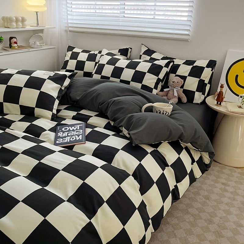 4pcs quilt set (1*quilt cover + 1*bed sheet + 2*pillowcases, excluding quilt core), black and white plaid printed bedding set, soft and comfortable four-season quilt cover, suitable for bedroom and guest room - Image 2