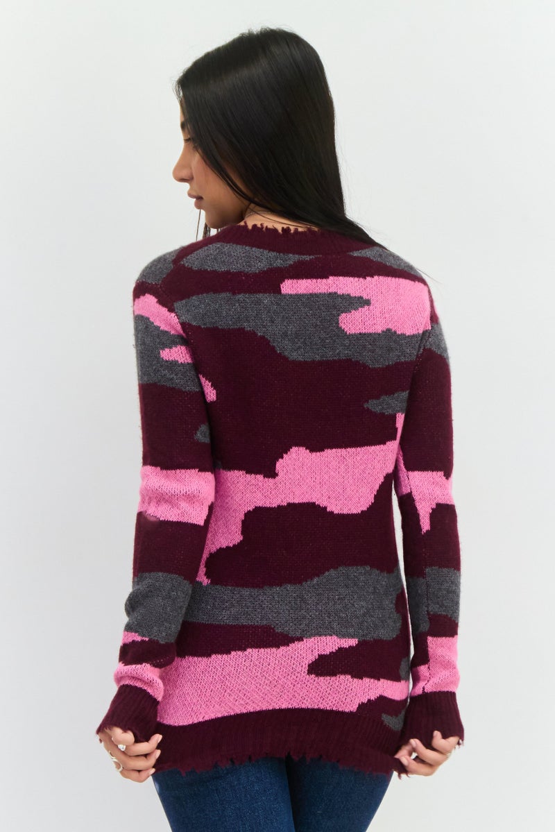 Aqua Women Crew Neck Camouflage Long Sleeves Sweater, Multicolor - Image 3