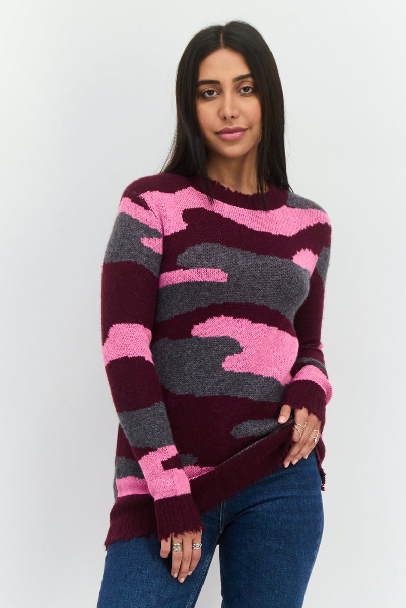 Aqua Women Crew Neck Camouflage Long Sleeves Sweater, Multicolor - Image 1