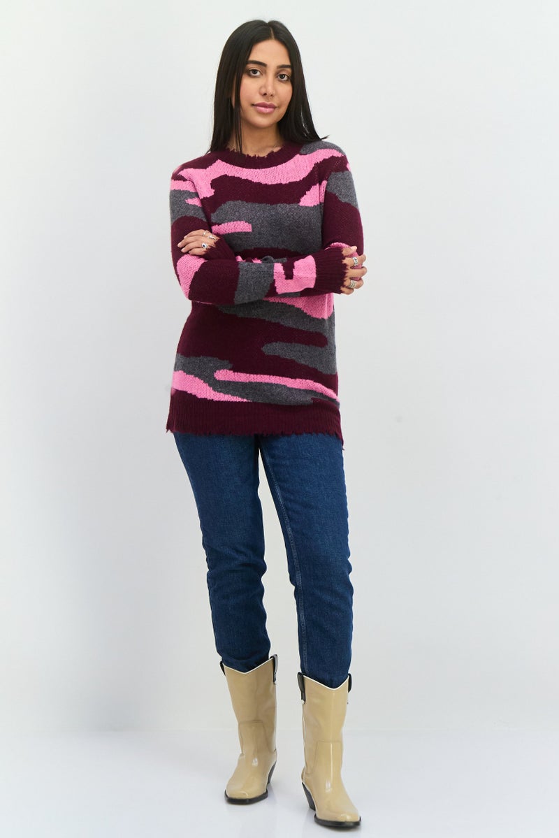 Aqua Women Crew Neck Camouflage Long Sleeves Sweater, Multicolor - Image 4