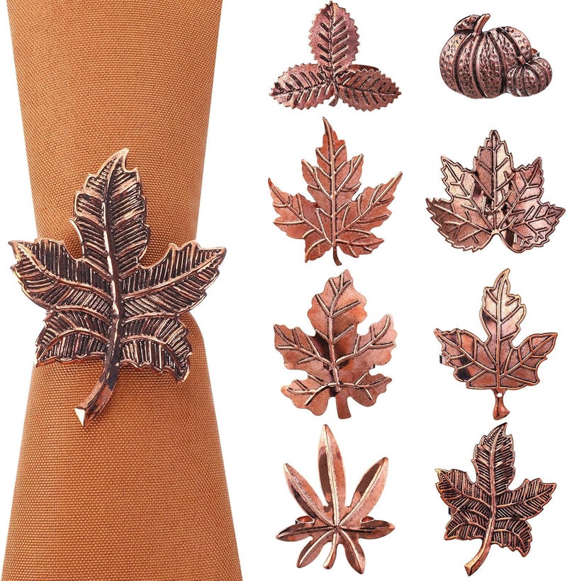 Remerry 8 Pcs Thanksgiving Napkin Ring Harvest Fall Leaf Pumpkin Holders Retro Alloy Metal Napkin Ring Buckle for Thanksgiving Wedding Table Supplies(Leaf and Pumpkin) - Image 1