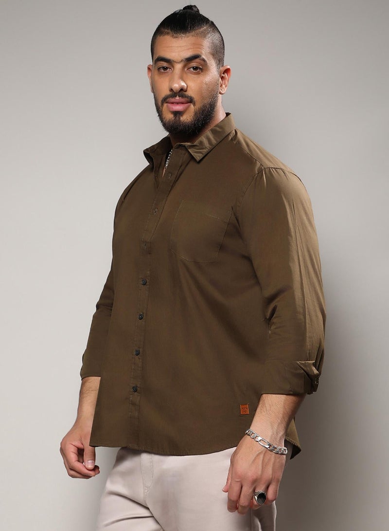 Instafab Plus Men's Olive Green Basic Button-Up Shirt For Casual Wear | Spread Collar | Long Sleeve | Button Closure | Shirt Crafted With Comfort Fit For Everyday Wear - Image 3